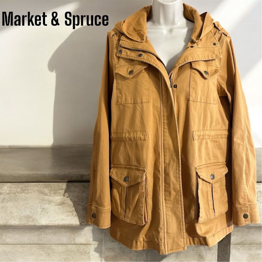 Market & Spruce Golden Tan Cargo Utility Jacket Detachable Hood Lightweight